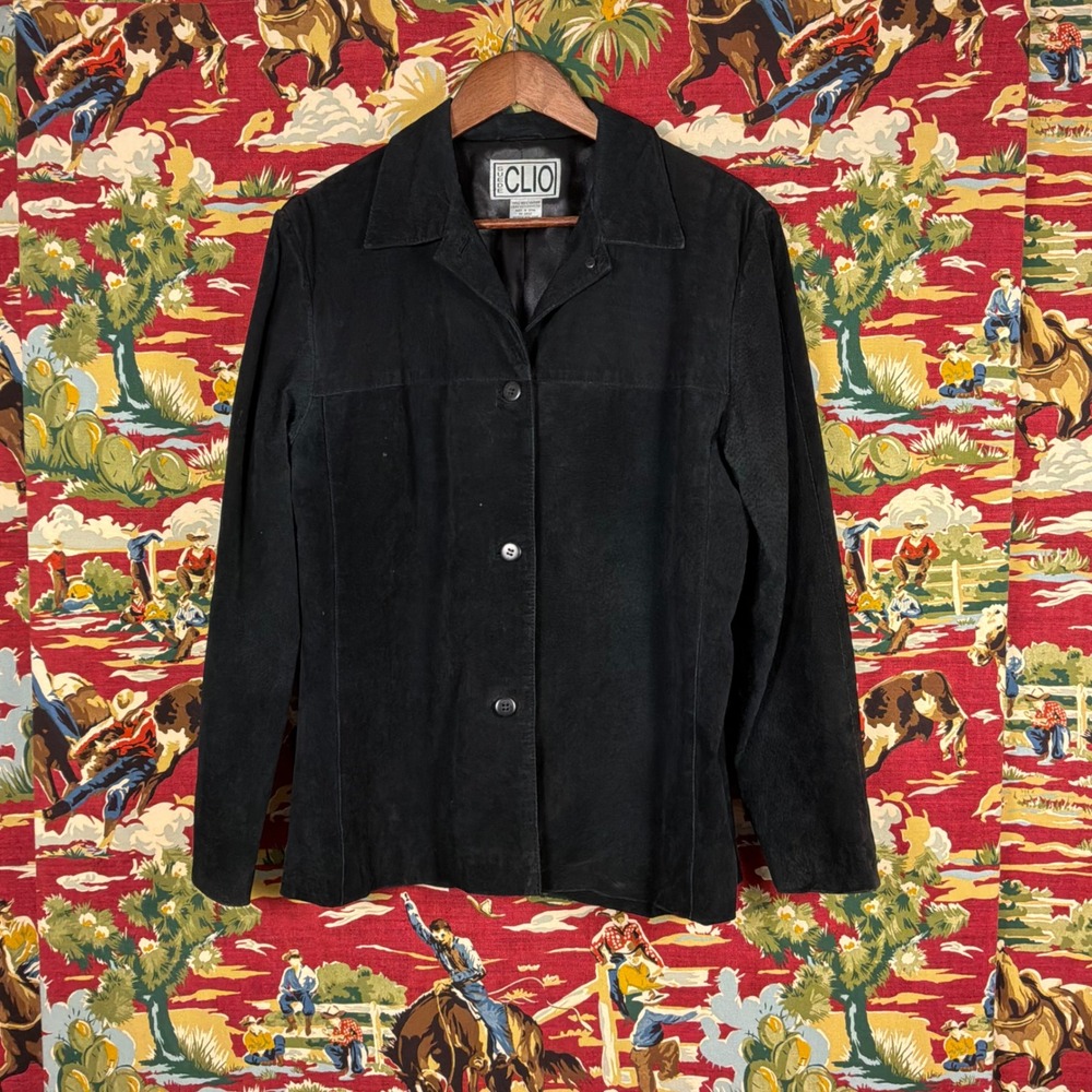 Clio Suede Jacket Womens 10 Black Excellent Leather Button Up